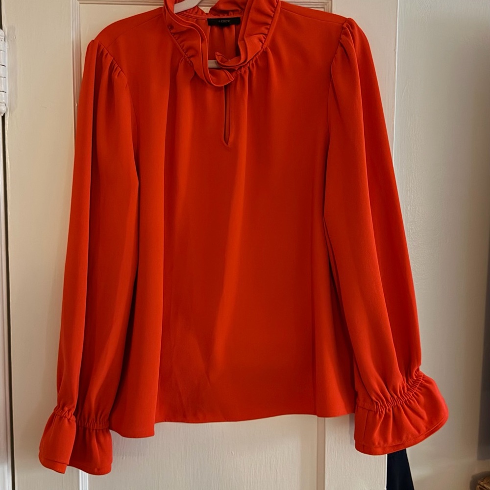 J. Crew Ruffle-Neck Long Sleeve Blouse in Bright Orange